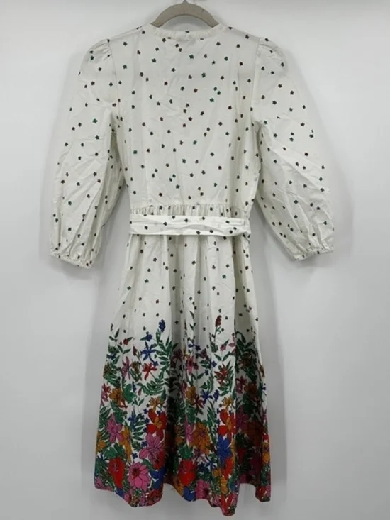 White Floral Border Button-Front Dress with Waist Tie - Picture 5 of 5